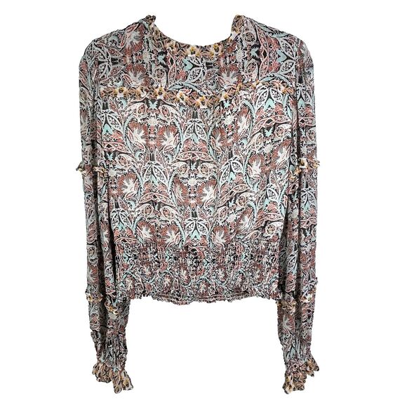 Anthropologie Ruffle Surplice Blouse Open Top Smocked Waist Floral Paisley Pt M - Picture 7 of 16